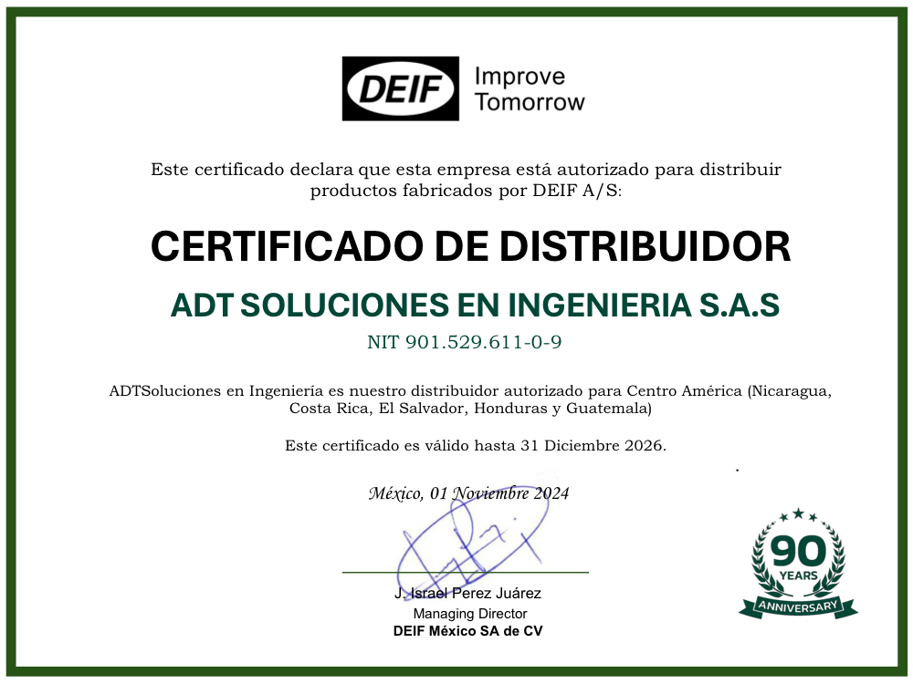 DEIF Distributor Certificate — ADT Soluciones en Ingeniería