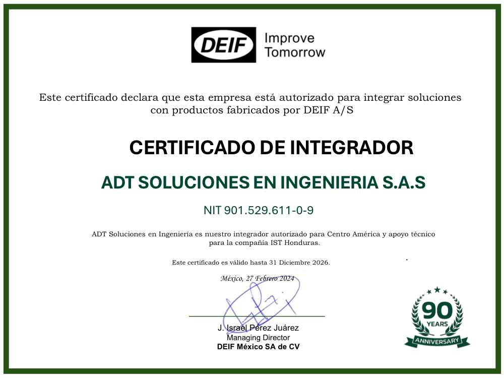 DEIF Integrator Certificate — ADT Soluciones en Ingeniería